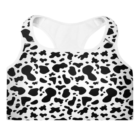 mockup of a cow print sports bra with white shoulder straps